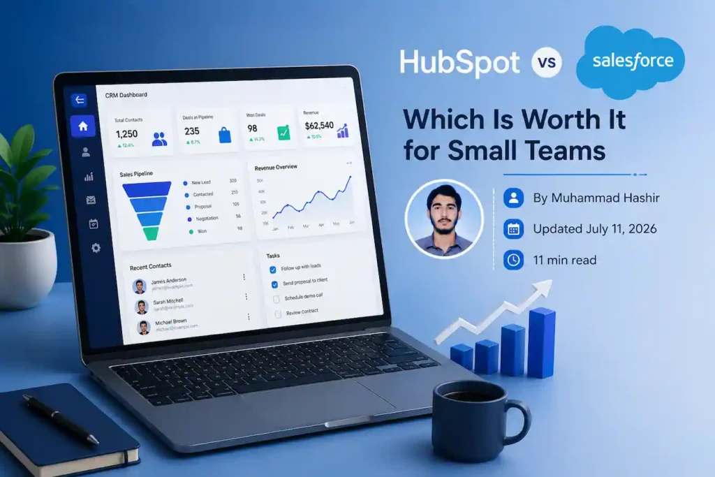 HubSpot vs Salesforce CRM comparison dashboard for small teams with author profile