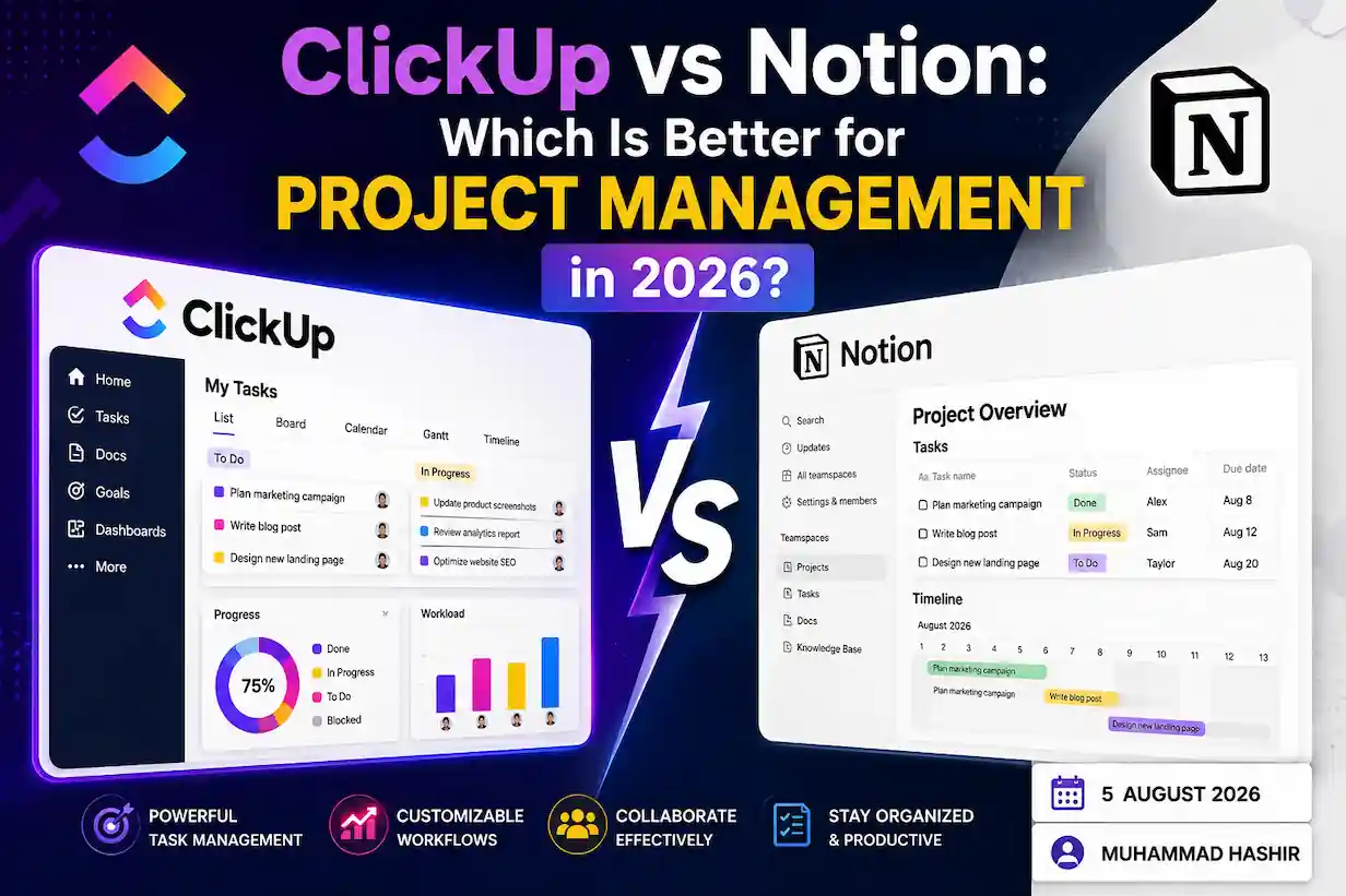 ClickUp vs Notion project management comparison for 2026 with key features and dashboards.